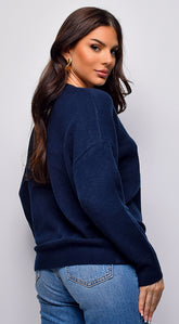 Remy V Neck Drop Shoulder Sweater Top - Blue